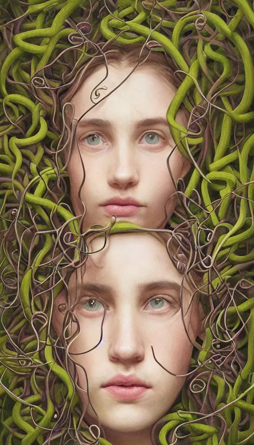 Image similar to very detailed portrait of a 2 0 years old girl surrounded by tentacles, the youg woman visage is blooming from fractal and vines, by alyssa monks