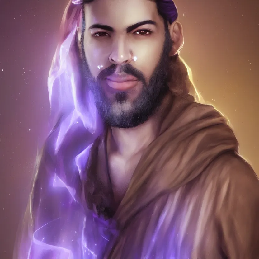 Image similar to Arabic male young adult with long beard and purple glimmering robes, hyperrealistic white lighting, treanding on artstationhq