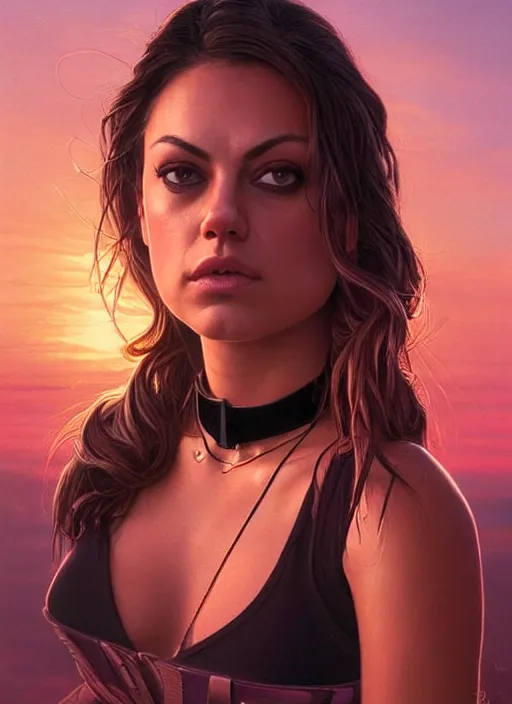 Image similar to epic portrait of Mila Kunis wearing black choker, a very strong muscled Amazon heroine, sun beams across sky, pink golden hour, intricate, elegance, highly detailed, shallow depth of field, epic vista, concept art, art by Artgerm and Donato Giancola, Joseph Christian Leyendecker