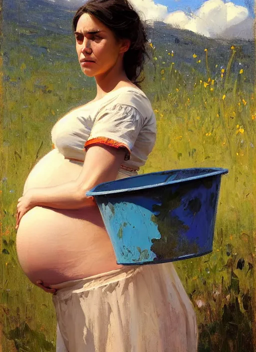 Image similar to portrait of pregnant vilage woman carrying a bucket of water, countryside, fantasy character portrait, dynamic pose, above view, view from above, sunny day, thunder clouds in the sky, artwork by Jeremy Lipkin and Giuseppe Dangelico Pino and Michael Garmash and rob rey, very coherent symmetrical artwork, perfect face, simple form, 100mm