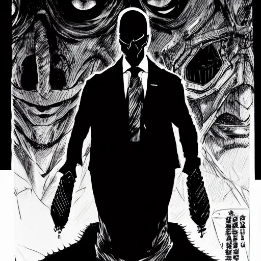 Image similar to Klaus Schwab looking sinister, by Tsutomu Nihei, highly detailed