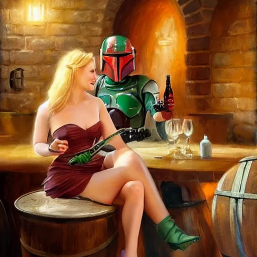 Image similar to (Boba Fett) and a beautiful young blonde drinking beer in a wine cellar, food, meat, schnapps, torches on the wall, romantic, inviting, cozy, painting by Vladimir Volegov