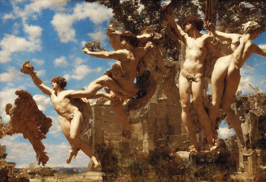 Image similar to the god of love eros soaring in the skies with apollo, ancient ruins by lawrence alma - tadema style, very detailed, anatomically correct, path traced lighting, soft natural lighting