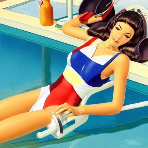 Prompt: attractive female robot in the closed one-piece swimsuit monokini, sitting at the bench in the pool shower, hourglass slim figure, juicy legs, visible stomach, thigh focus, full body shot close up, seductive smile, looking at the viewer, details, sharp focus, illustration, by Eric Stanton and Gil Elvgren, Trending artstation, pixiv, digital Art