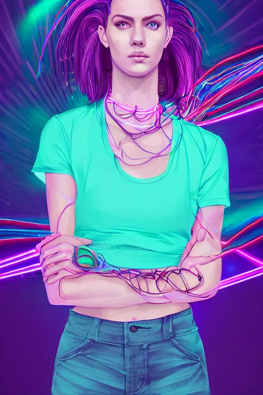 Image similar to a award winning half body portrait of a beautiful woman with stunning eyes in a croptop and cargo pants with ombre purple pink teal hairstyle and hands in pockets by thomas danthony, surrounded by whirling illuminated lines, outrun, vaporware, shaded flat illustration, digital art, trending on artstation, highly detailed, fine detail, intricate