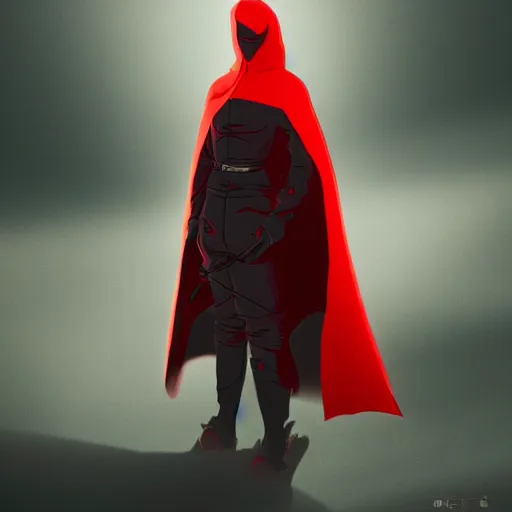 Prompt: a twin blade swordman, red and black cape and hoodie, scary, intimidating, worn out clothes, torn clothes by beeple, studio ghibli, wallpaper, highly detailed, trending on artstation