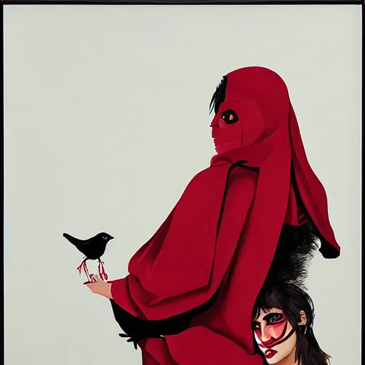 Prompt: portrait of a naive latin woman wearing a red hood, with a mechanical neon-eyed wren-bird sitting on her shoulder, oil on canvas by Yoji Shinkawa and Stina Persson