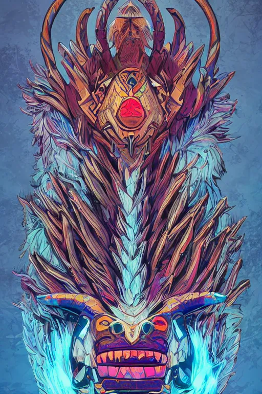 Image similar to viktor orban totem animal tribal chaman vodoo mask feather gemstone plant wood rock video game illustration vivid color borderlands by josan gonzales and dan mumford radiating a glowing aura