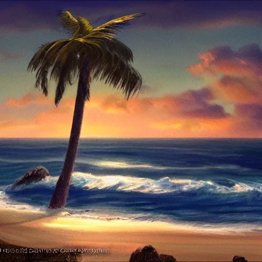 Prompt: An ocean scene with a small island in the distance, realistic, digitally painted, no blur, award winning, concept art, by Alayna Danner