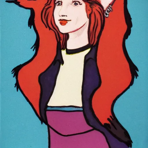 Image similar to portrait of a red haired woman, in 7 0 s clothes, holding a fox over her head while roller skating