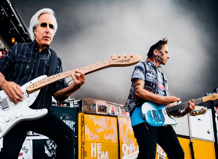 Image similar to photo still of henry winkler on stage at vans warped tour!!!!!!!! at age 3 3 years old 3 3 years of age!!!!!!!! shredding on guitar, 8 k, 8 5 mm f 1. 8, studio lighting, rim light, right side key light