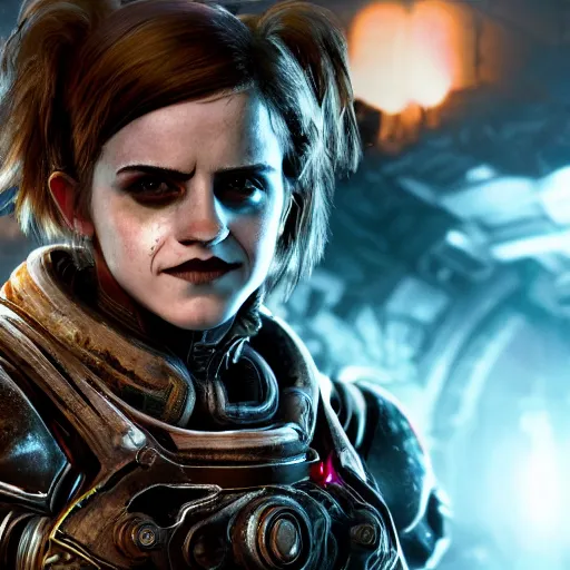 Image similar to emma watson as a clown in gears of war, splash art, movie still, cinematic lighting, ray tracing, detailed clown face, octane render, long lens, shallow depth of field, bokeh, anamorphic lens flare, 8 k, hyper detailed, 3 5 mm film grain