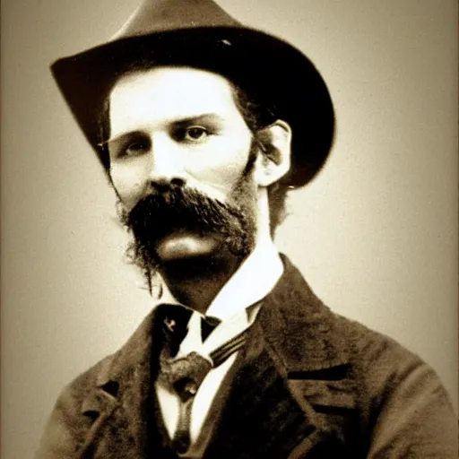 Image similar to A photograph portrait of Jerma985 as a cowboy with a pyramidal mustache in the late 1800s, taken in the late 1800s, 1870s, grainy, taken on a Field View Camera, realistic, hyperrealistic, very realistic, highly detailed, very detailed, extremely detailed, detailed, digital art, trending on artstation