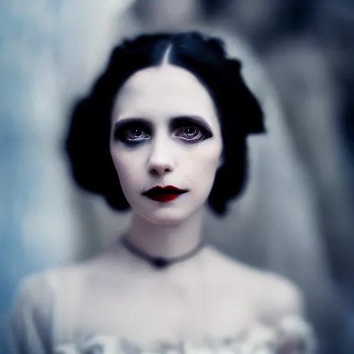 Prompt: A beautiful portrait of a lady vampire, victorian, '20, ominous, depth of field, bokeh, irwin penn, soft light, cinematic