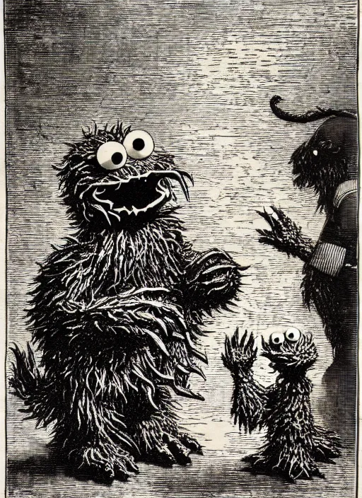 Image similar to cookie monster devours gingerbread men, demon from the dictionarre infernal, etching by louis le breton, 1 8 6 9, 1 2 0 0 dpi scan, ultrasharp detail, clean scan