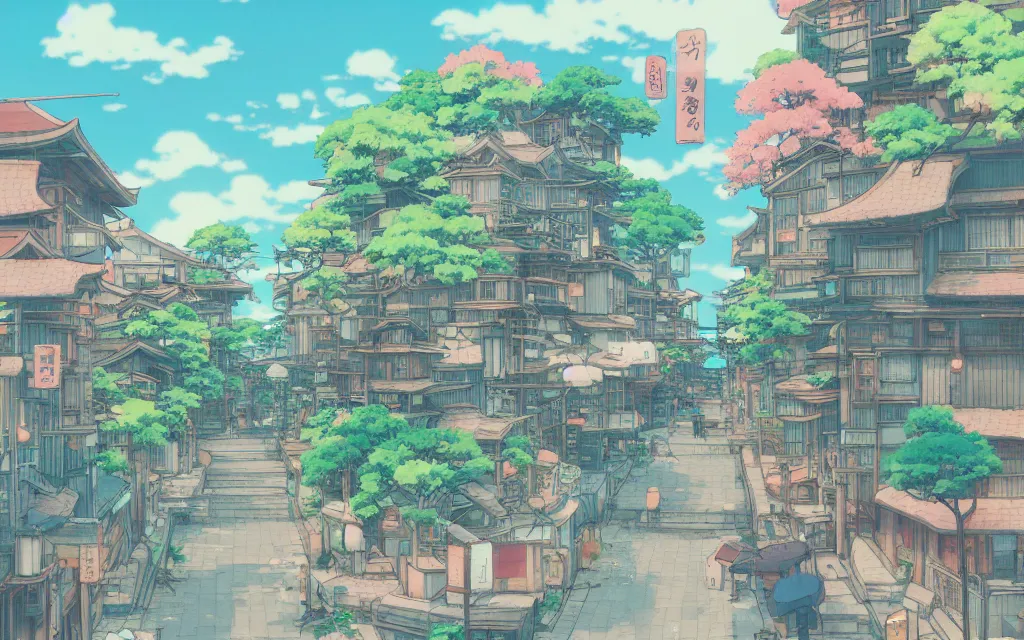 Image similar to a japanese city near the sea, lofi, dreamy, moody, very colorful, anime inspiration, ghibli vibe