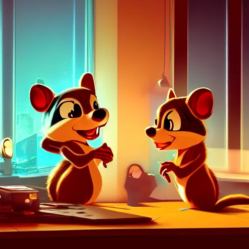 Image similar to Chip and Dale chipmunks in the apartment room in a cyberpunk city, soft god rays from city lights outside the window, unreal engine 5, soft neon atmosphere, photorealistic, soothing colors, somber melancholic matte painting, hyperrealism, hyperrealistic, cinematic masterpiece, cyberpunk style 8k ultrahd octane render