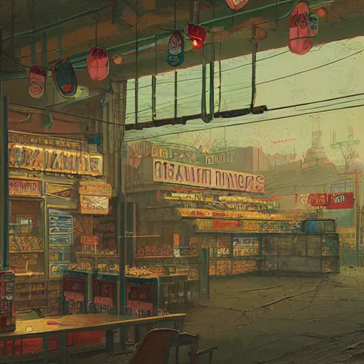 Image similar to concept art of a wooden decorated liquor store on the coast, a very misty day, industrial surrounding, painted pale yellow and green, old tv and radio hardware, a neon sign, by ian mcque ferdinand knab, makoto shinkai and, artgerm, pixar, ilya kuvshinov,, tom bagshaw, global illumination