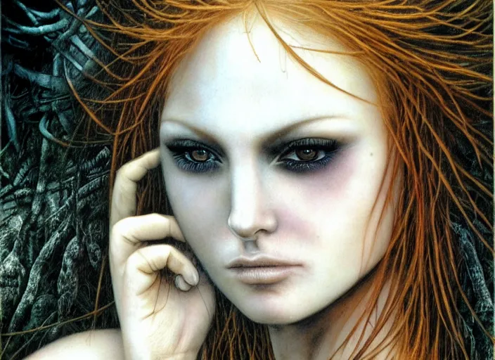 Image similar to award winning face close up portrait of a redhead in a park by luis royo and eyes by hr giger