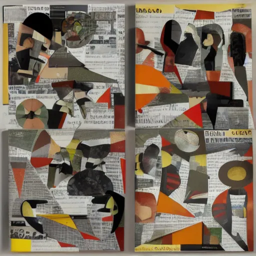 Prompt: A collage of a jazz band, mid-century modern, made of random shapes cut from magazines and newspapers, abstracted block shapes, earth tones