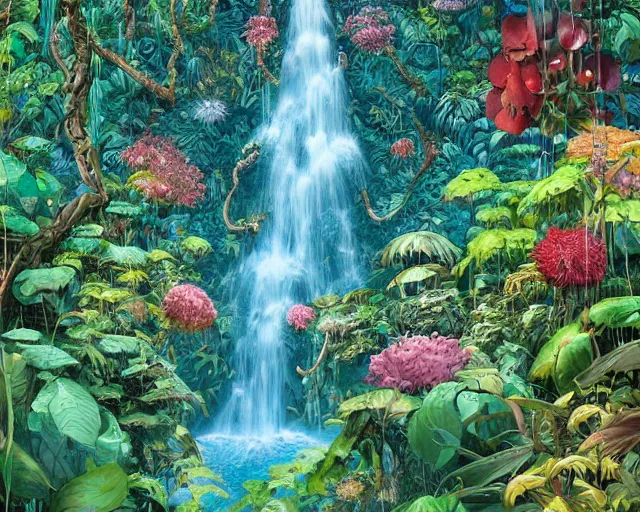 Prompt: a painting of a jungle waterfall in a flower garden, a photorealistic painting by james jean, behance contest winner, fantasy art, made of vines, concept art, 2 d game art by victo ngai, geof darrow, peter mohrbacher, johfra bosschart, miho hirano