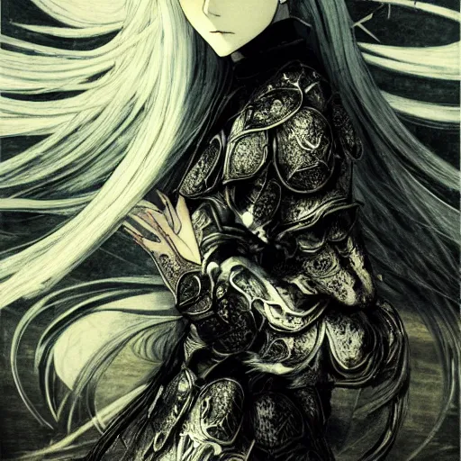 Image similar to yoshitaka amano blurred and dreamy illustration of an anime girl with black eyes, wavy white hair fluttering in the wind wearing elden ring armor and engraving, abstract black and white patterns on the background, noisy film grain effect, highly detailed, renaissance oil painting, weird portrait angle, blurred lost edges, three quarter view