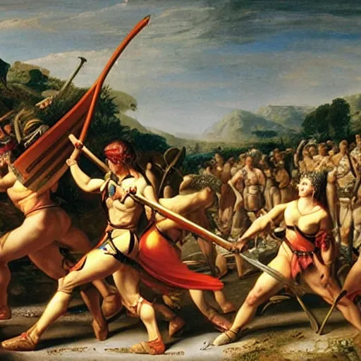 Prompt: muscular warrior women, amazonian warrior women, women fighting men, muscular men, roman warrior men, clashing in bloody field, art by jacques - louis david