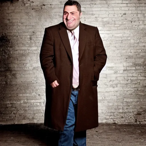 Image similar to full length shot : : clean - shaven smiling white chubby italian american man in his 4 0 s wearing a long brown overcoat and necktie and black shoes shoes shoes holding a burger, 2 0 0 6 advertising promo shot