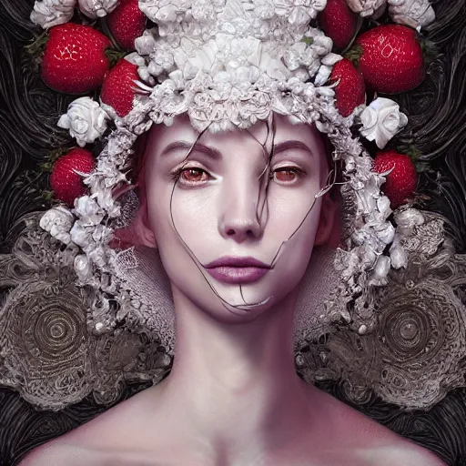 Image similar to the portrait of an absurdly beautiful, graceful, elegant, sophisticated, fashionable woman made of strawberries and white petals looking down, an ultrafine hyperdetailed illustration by kim jung gi, irakli nadar, intricate linework, bright colors, octopath traveler, final fantasy, unreal engine 5 highly rendered, global illumination, radiant light, detailed and intricate environment