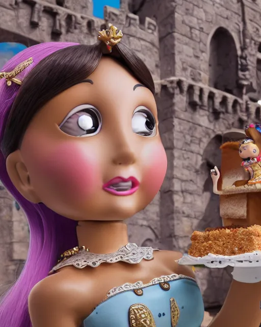 Image similar to highly detailed closeup, face profile portrait of a tin toy ariana grande as a medieval girl eating cakes in a castle, bikini, depth of field, nicoletta ceccoli, mark ryden, lostfish, dan decarlo, bob clampett, max fleischer, detailed and intricate environment, 8 k resolution, hyperrealistic, octane render