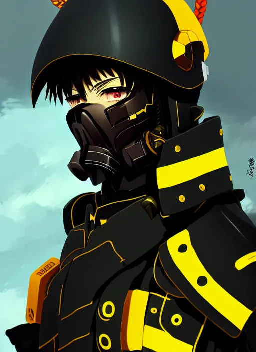 Image similar to anime portrait of a vicious helldiver scout soldier, black armor with yellow accents, closeup on face, ilya kuvshinov, anime, pixiv top monthly, trending on artstation, cinematic, danbooru, zerochan art, kyoto animation