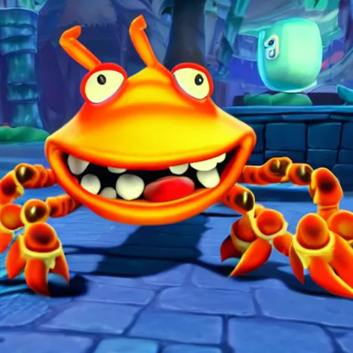 Image similar to screenshot of a cute wacky humanoid crab enemy with a coat in crash bandicoot video game, crash bandicoot 4, playstation 1 era graphics, activision blizzard style, 4 k upscaled graphics