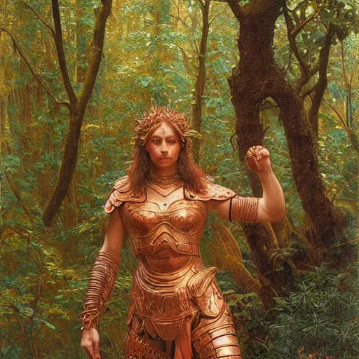 Image similar to a detailed, beautiful oil painting of a warrior wearing intricate, etched copper armor in an ancient forest, by michael whelan, donato giancola, and william adolphe bouguereau