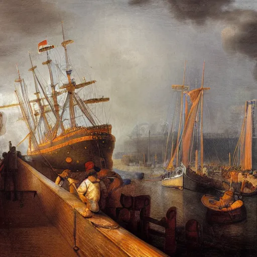 Prompt: A detailed oil painting of a giant monster eating a 21st-century steamship ferry in Vineyard Haven harbor in 2022. In the style of a 1640 Rembrandt oil painting.