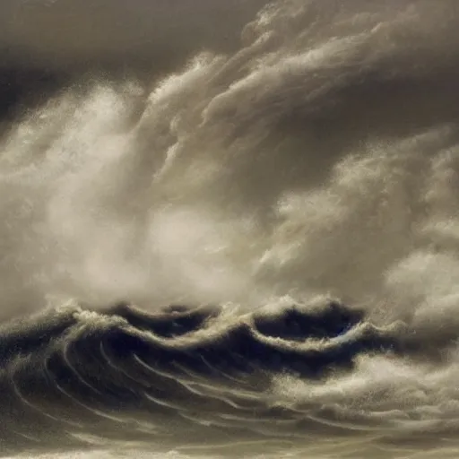 Image similar to A beautiful experimental art of a raging storm at sea, with huge waves crashing against the rocks. The sky is dark and ominous, and the sea is rough and choppy. by Desmond Morris offhand