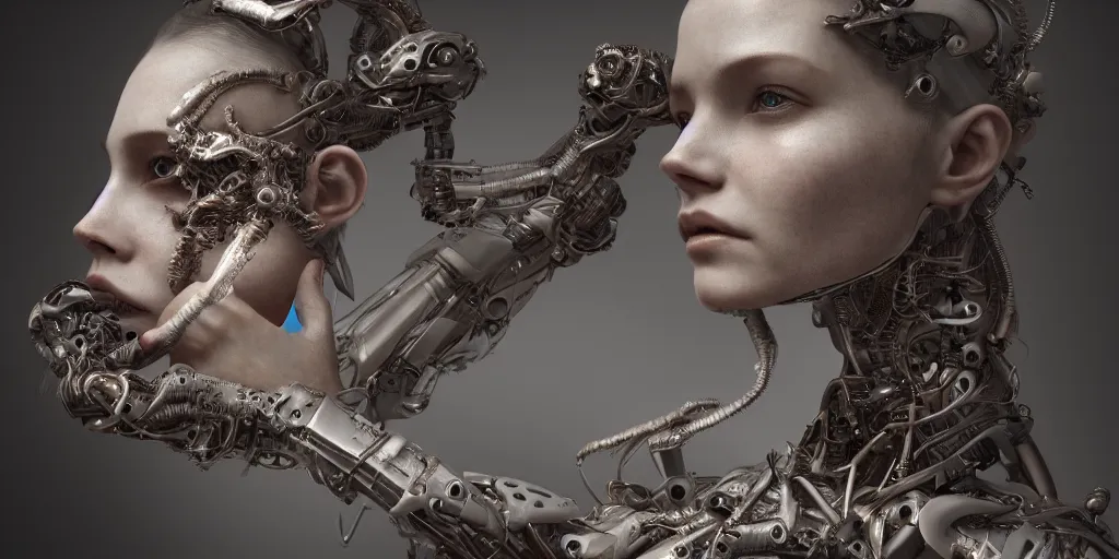 Prompt: hyper realistic photography of a beautiful cyborg female, intimate holding close, self assembled sentience, in the style of beth cavener, wlop, highly detailed, intricate filigree, symmetry, masterpiece, concept art, highkey lighting, ambient lighting, octane render, 8 k, artstation