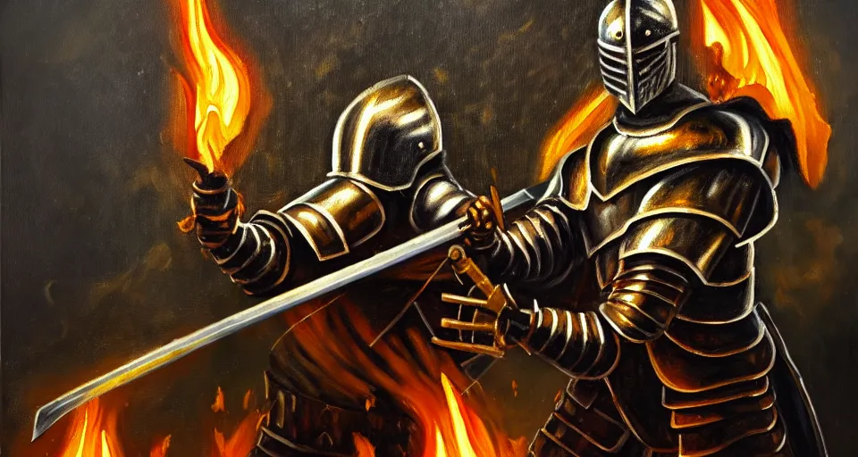 Image similar to An oil painting of a knight in dark metal armor wielding a flaming sword