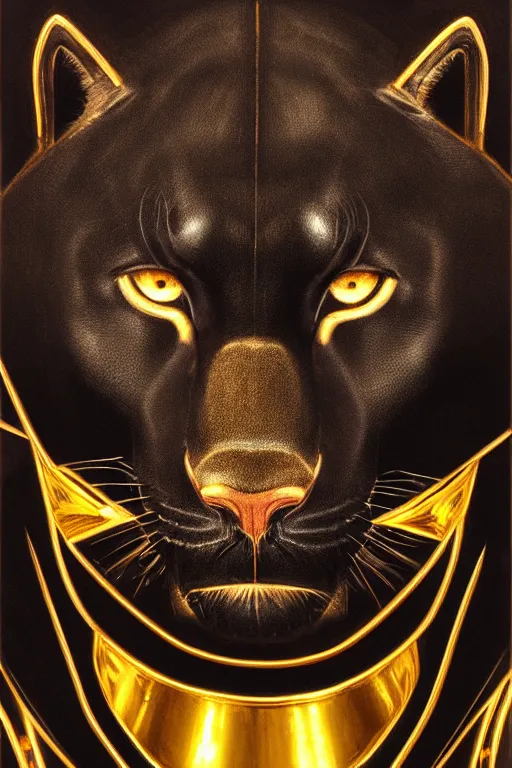 Image similar to Portrait of a black panther, elegant, photorealistic, highly detailed, artstation, smooth, sharp focus, gold ornaments, neon lighting, sci-fi, art by Klimt