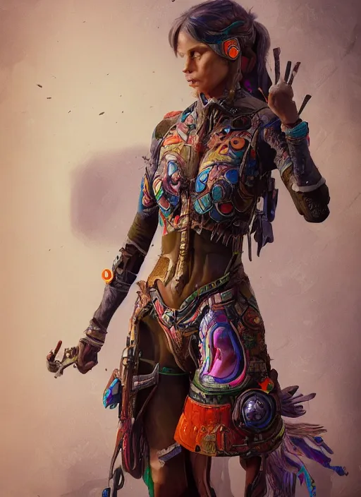 Prompt: detailed full body concept art illustration colorful oil painting of a beautiful 3d render of a female huntress in full intricate clothing, ultra detailed, digital art, octane render, 4K, dystopian, micro details, hyper realistic