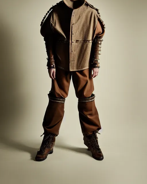 Prompt: a fashion editorial photo of a brown extremely baggy short ancient medieval designer menswear motorcycle jacket with an oversized collar and baggy bootcut trousers designed by alexander mcqueen, 4 k, studio lighting, wide angle lens