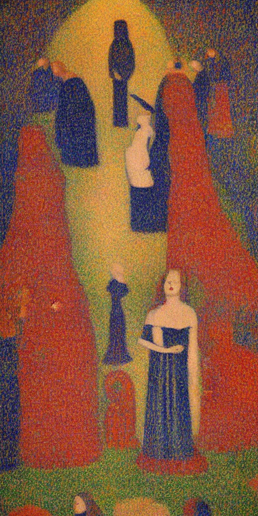 Image similar to a film still of vulvina about a queen in love with the death,, painted by georges seurat, impressionism, pointillism, detailed