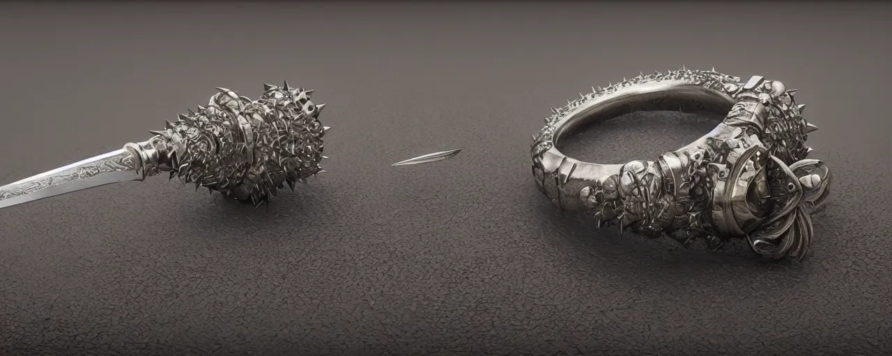 Prompt: tungsten ring with spikes, ring, steel, sword, crystals, smooth shank, engravings, product design, jewelry, art by gerald brom, greg rutkowski and artgerm and james jean and zdzisław beksinski, 8 k, unreal engine, c 4 d