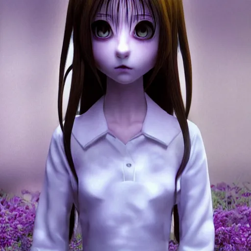 Image similar to Manga cover portrait of an extremely cute and adorable beautiful Samara horror girl from The Ring (2002), 3d render diorama by Hayao Miyazaki, official Studio Ghibli still, color graflex macro photograph, Pixiv, DAZ Studio 3D