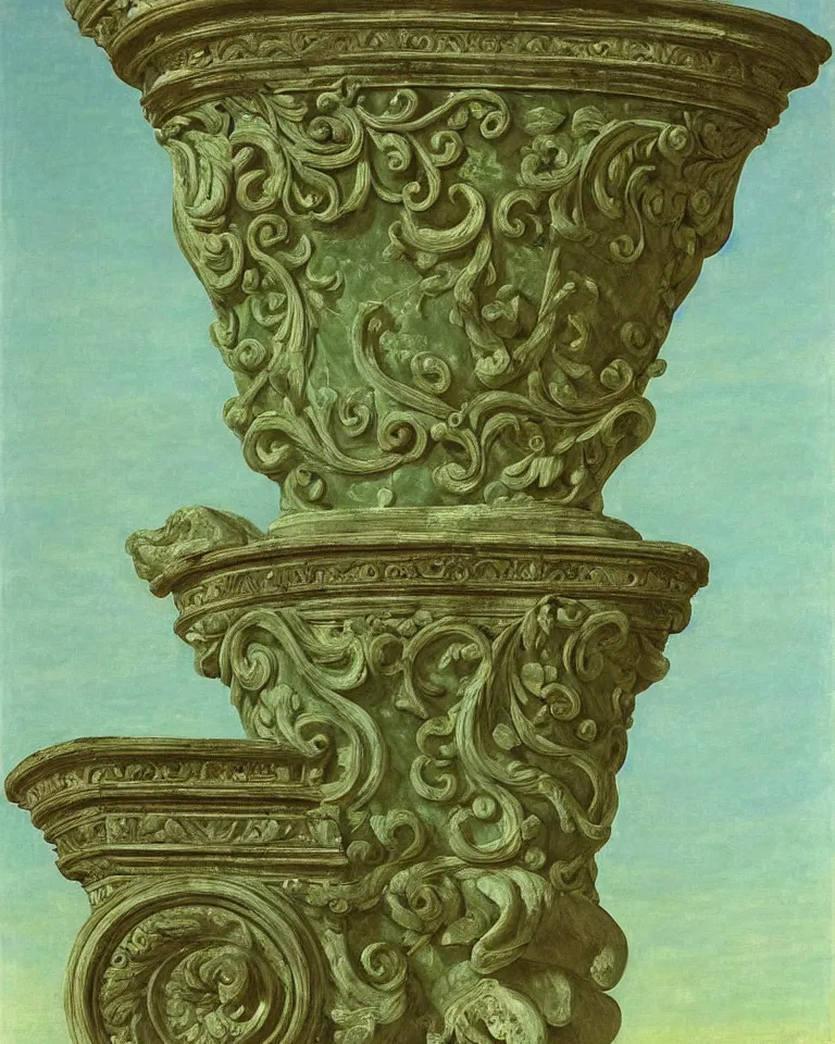 Image similar to achingly beautiful painting of intricate ancient roman corinthian capital on jade background by rene magritte, monet, and turner. giovanni battista piranesi.