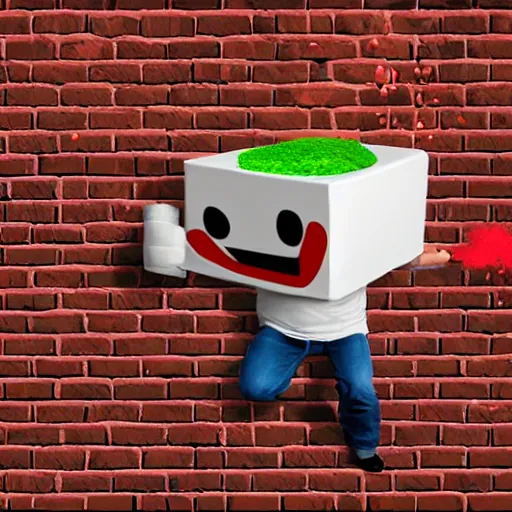 Prompt: an anthropomorphized block of tofu busting through a brick wall, cartoon style, inspired by the kool aid man