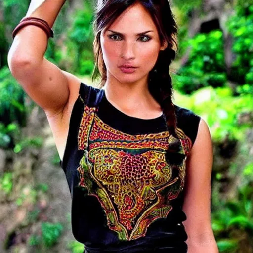 Image similar to hey ai use your best to give me beautiful lara croft wearing batik!