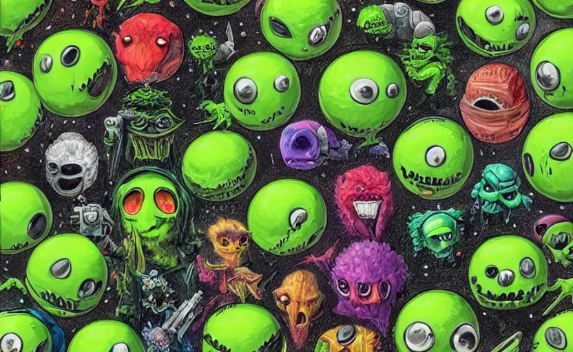 Image similar to an army of different green tennis ball monsters, in space, digital art, fantasy, magic, chalk, trending on artstation, ultra detailed, detailed, fine details, professional illustration by basil gogos