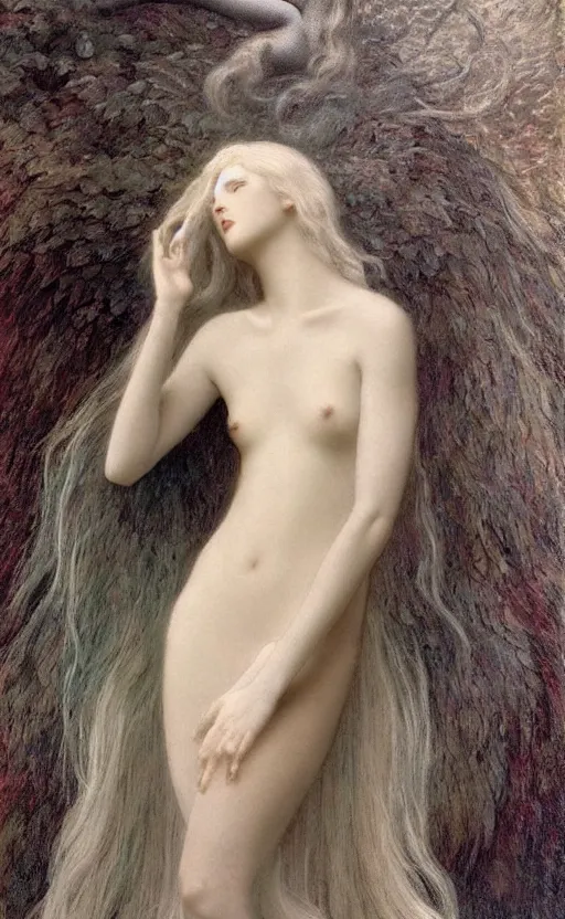 Prompt: Say who is this with silver hair so pale and Wan! and thin? beautiful lone single feminine!! angel, Aphrodite, in the style of Jean Delville, Lucien Lévy-Dhurmer, Fernand Keller, Fernand Khnopff, oil on canvas, 1896, 4K resolution, aesthetic, mystery