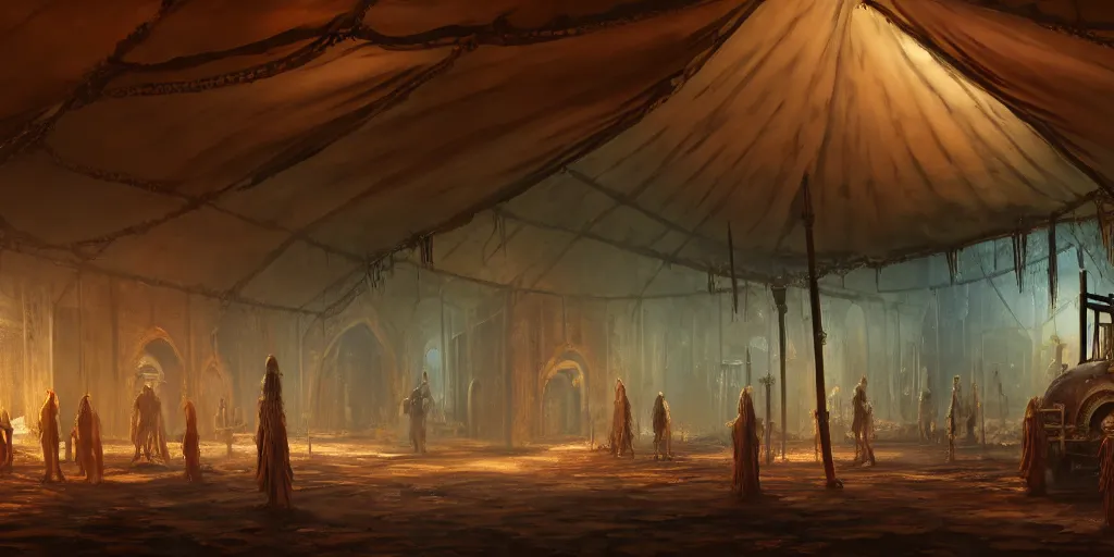 Image similar to inside of a merchant tent, matte oil painting, rusted cathedrals in the background, retrofuturistic, concept art, science fantasy, mutant, lgbt, queer, rpg, epic, rust, white salt, badlands, slime, jungles, dungeons & dragons, sacred, sharp focus, award - winning, extremely detailed, 4 k, 8 k