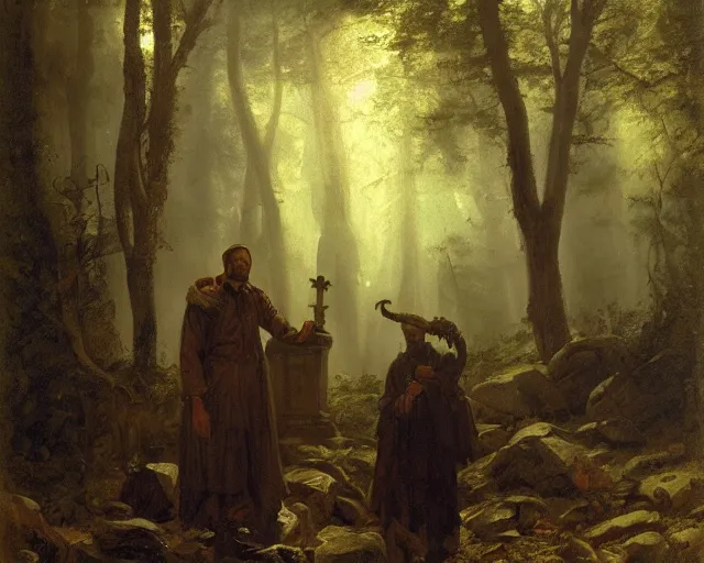 Image similar to portrait of a lovecraftian cultist next to an occult altar in a forest by andreas achenbach